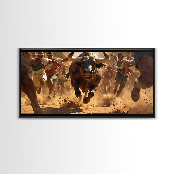 Charging Bull Race Framed Canvas Print, African Warrior Runners, Dusty Safari Action Art, Bold Cultural Living Room Decor