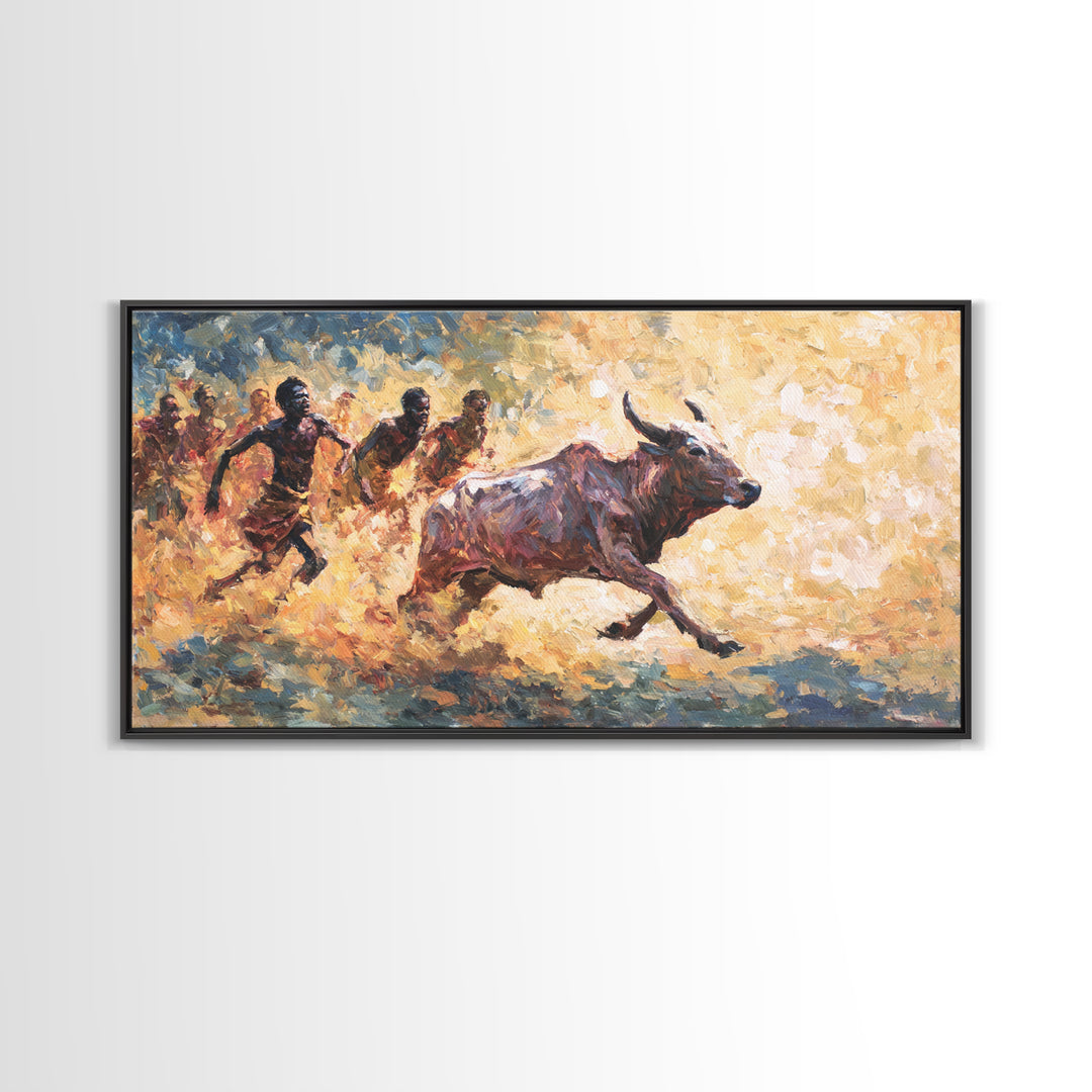 Painterly African Bull Chase Canvas Print, Sunlit Cattle Race With Runners, Rustic Safari Decor, Dynamic Cultural Wall Art