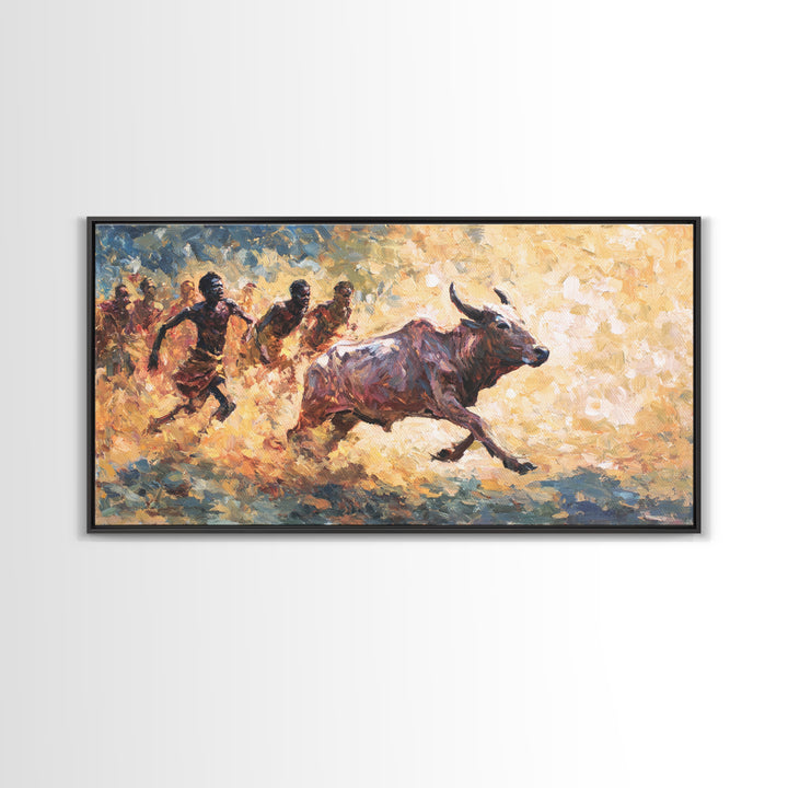 Painterly African Bull Chase Canvas Print, Sunlit Cattle Race With Runners, Rustic Safari Decor, Dynamic Cultural Wall Art