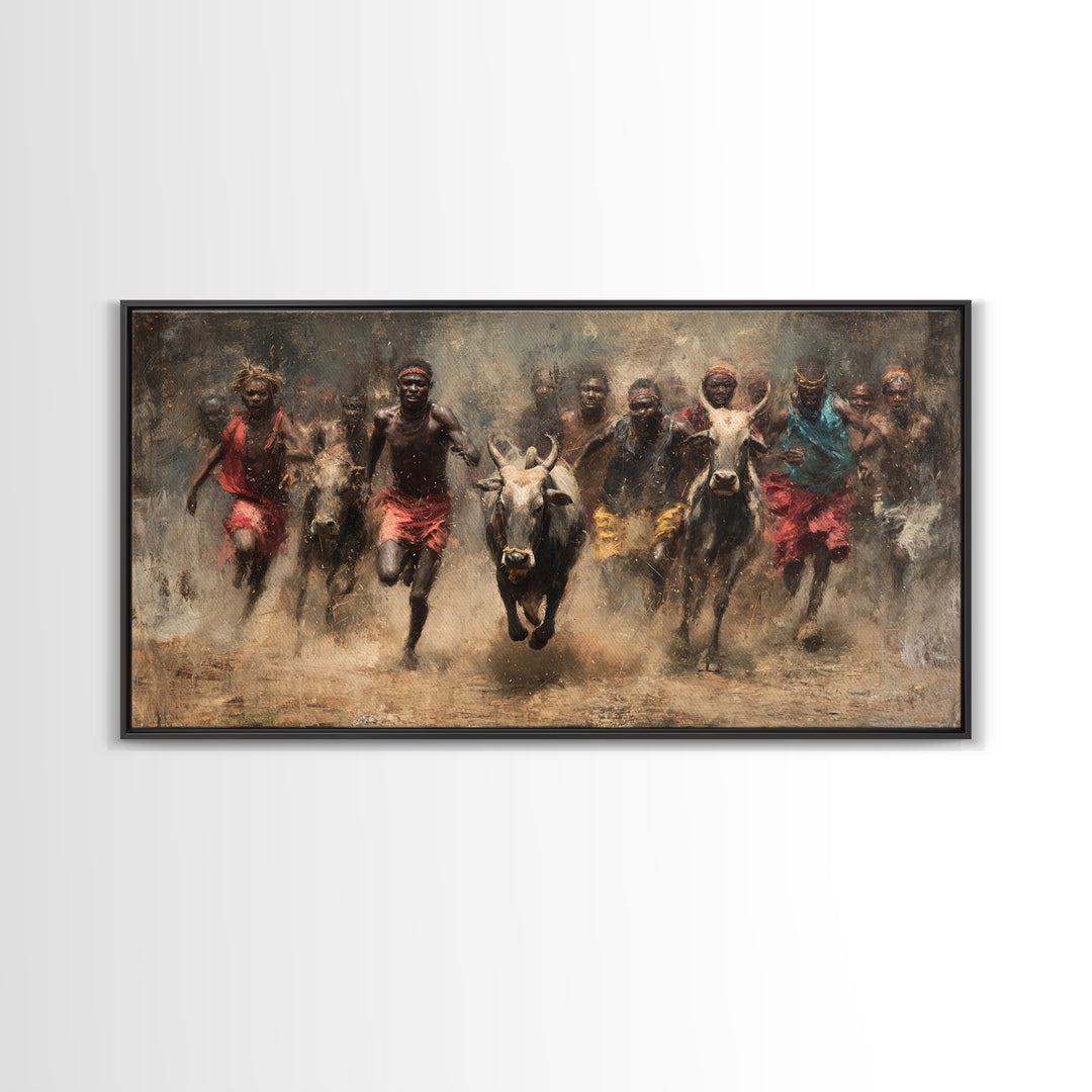 African Cattle Race Wall Art, Tribal Runners In Dusty Motion, Dramatic Safari Painting, Rustic Culture Decor For Home And Office