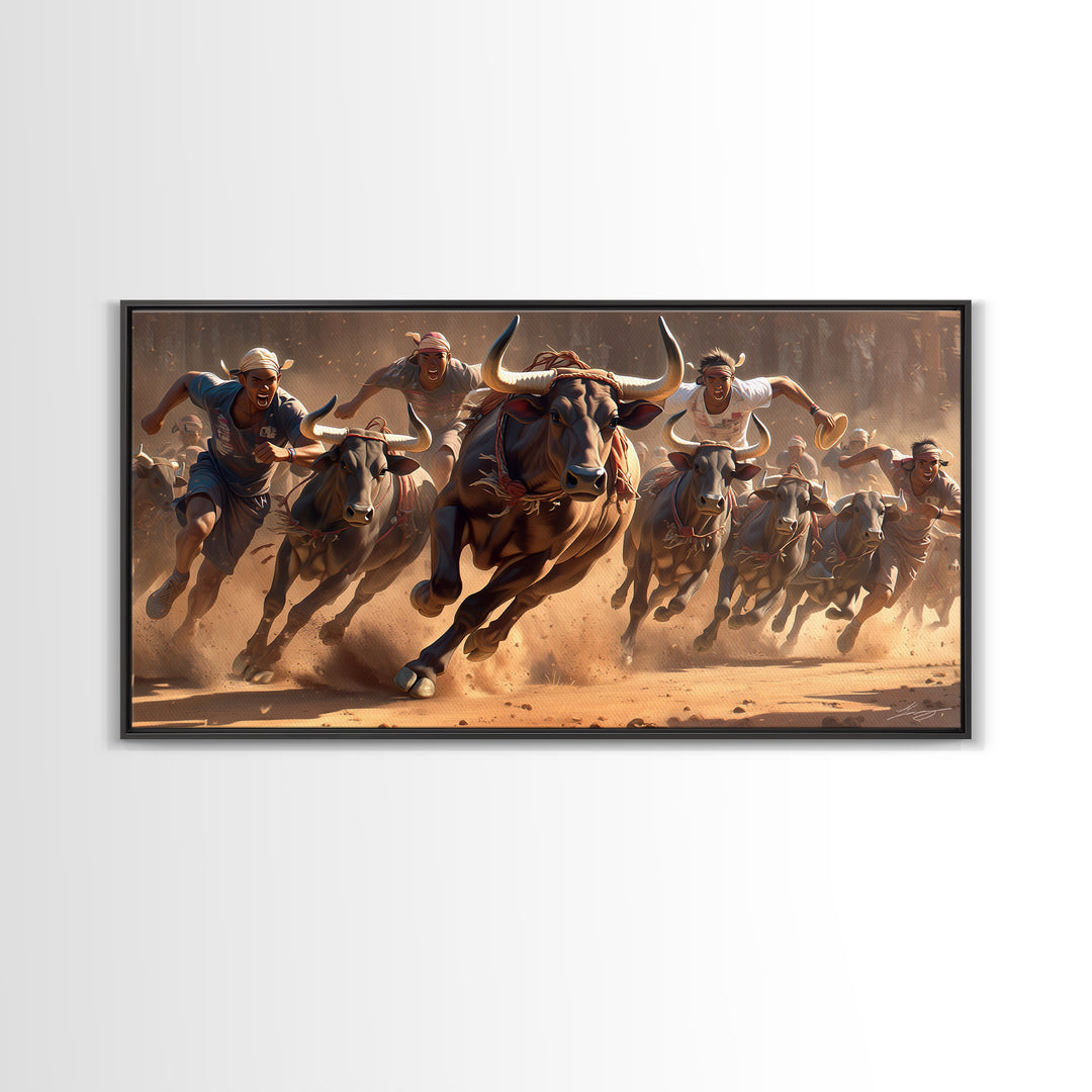 Charging African Bulls Framed Canvas Print, Runners And Dusty Arena, Bold Safari Action Wall Decor, Cultural Home Statement
