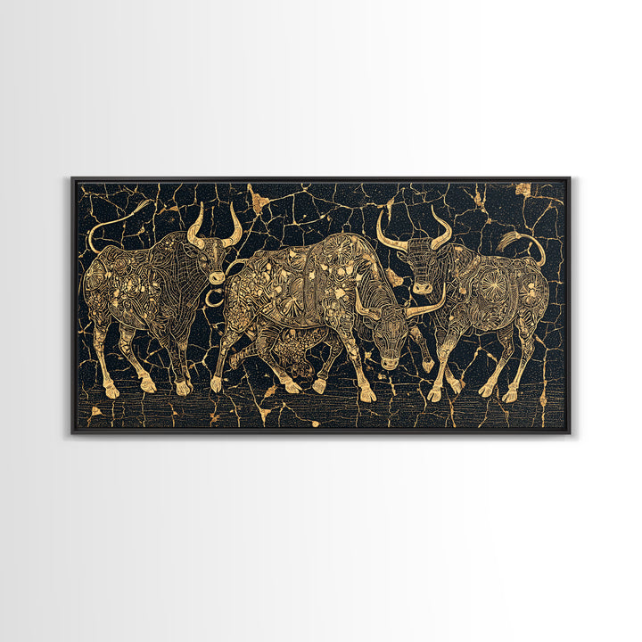 Gold Line Cattle On Black Wall Art, African Inspired Bull Illustration, Geometric Crackle Texture Decor, Luxury Canvas Print