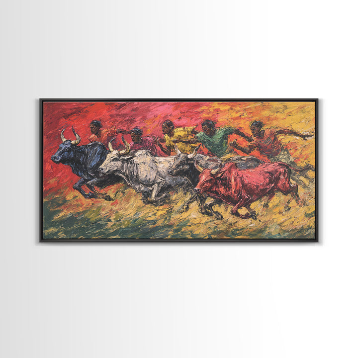 Colorful African Bull Race Canvas Print, Expressive Tribal Runners, Sunset Safari Painting, Bright Vibrant Cultural Wall Decor