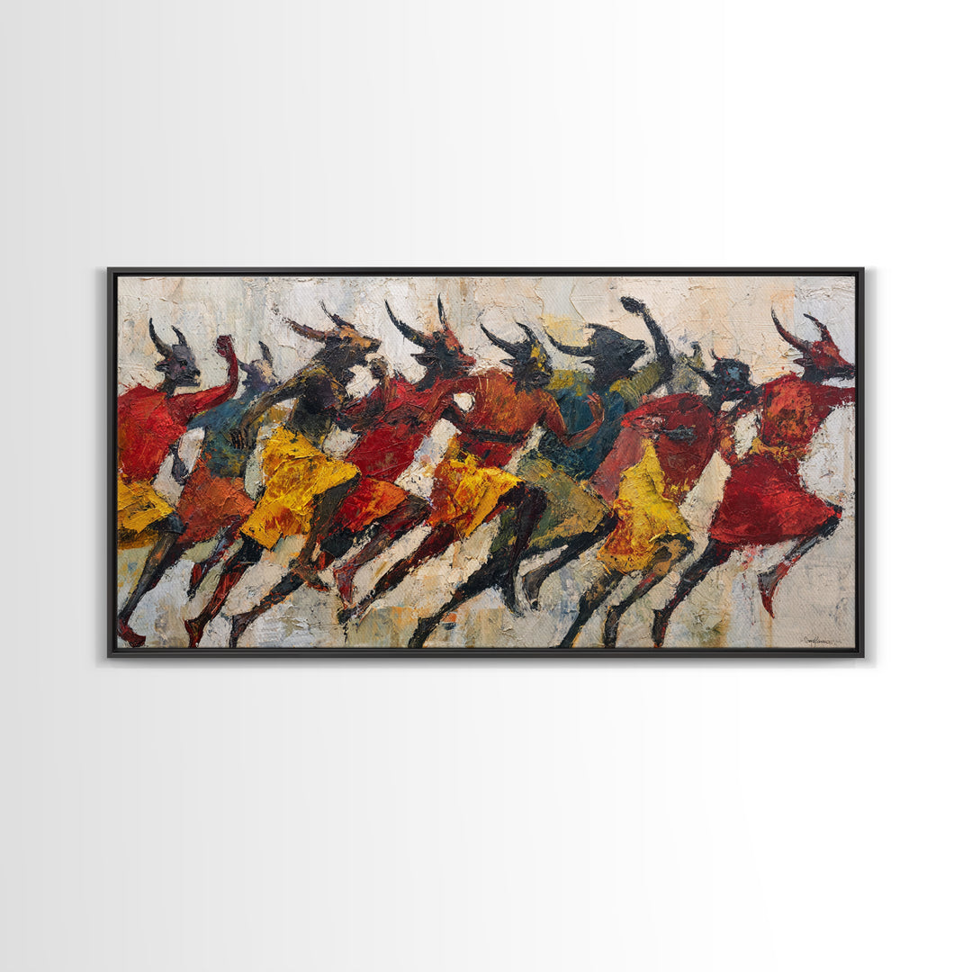 Horned Dancers In Red And Gold, African Warrior Art Canvas Print, Tribal Culture Wall Decor, Afrocentric Home Decor, Statement Piece