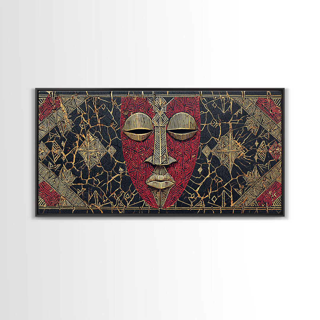 Red African Mask With Gold Geometric Pattern, Framed Canvas Print, Tribal Mask Canvas, Cultural Wall Decor Gift For Home