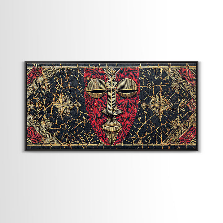 Red African Mask With Gold Geometric Pattern, Framed Canvas Print, Tribal Mask Canvas, Cultural Wall Decor Gift For Home