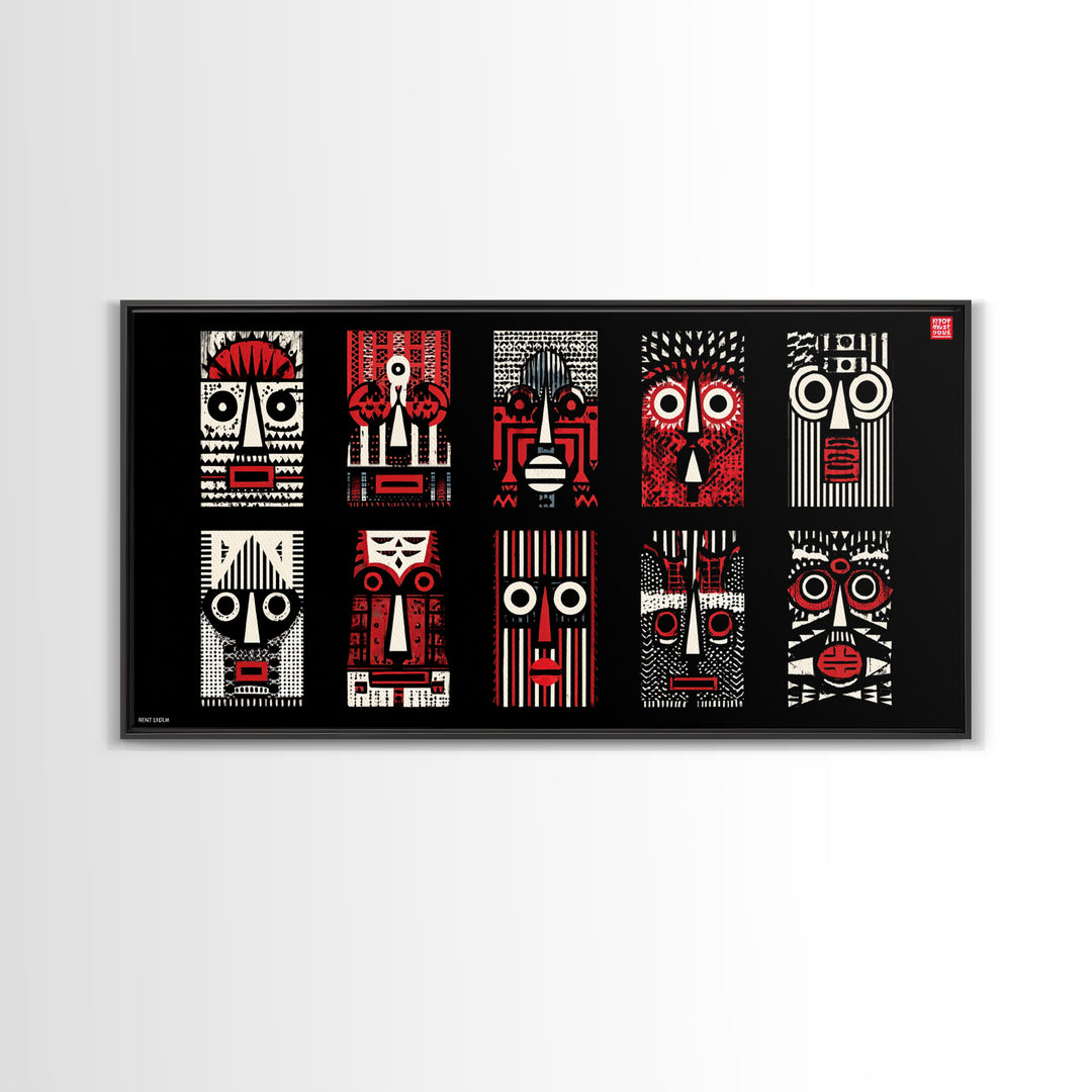 Nine Graphic Red Black And White African Masks, Wall Art, Tribal Mask Canvas, Afrocentric Decor, Bold Modern Pattern Print Set