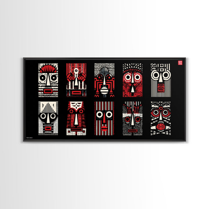 Nine Graphic Red Black And White African Masks, Wall Art, Tribal Mask Canvas, Afrocentric Decor, Bold Modern Pattern Print Set