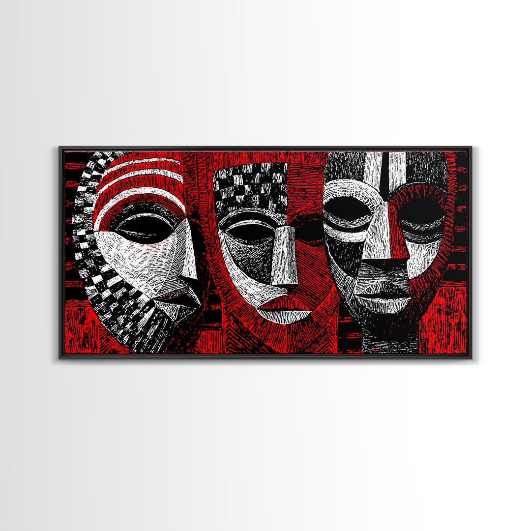 Three Red Black And White African Masks, Canvas Print, Tribal Mask Art, Abstract African Art Decor, Statement Wall Decor Gift