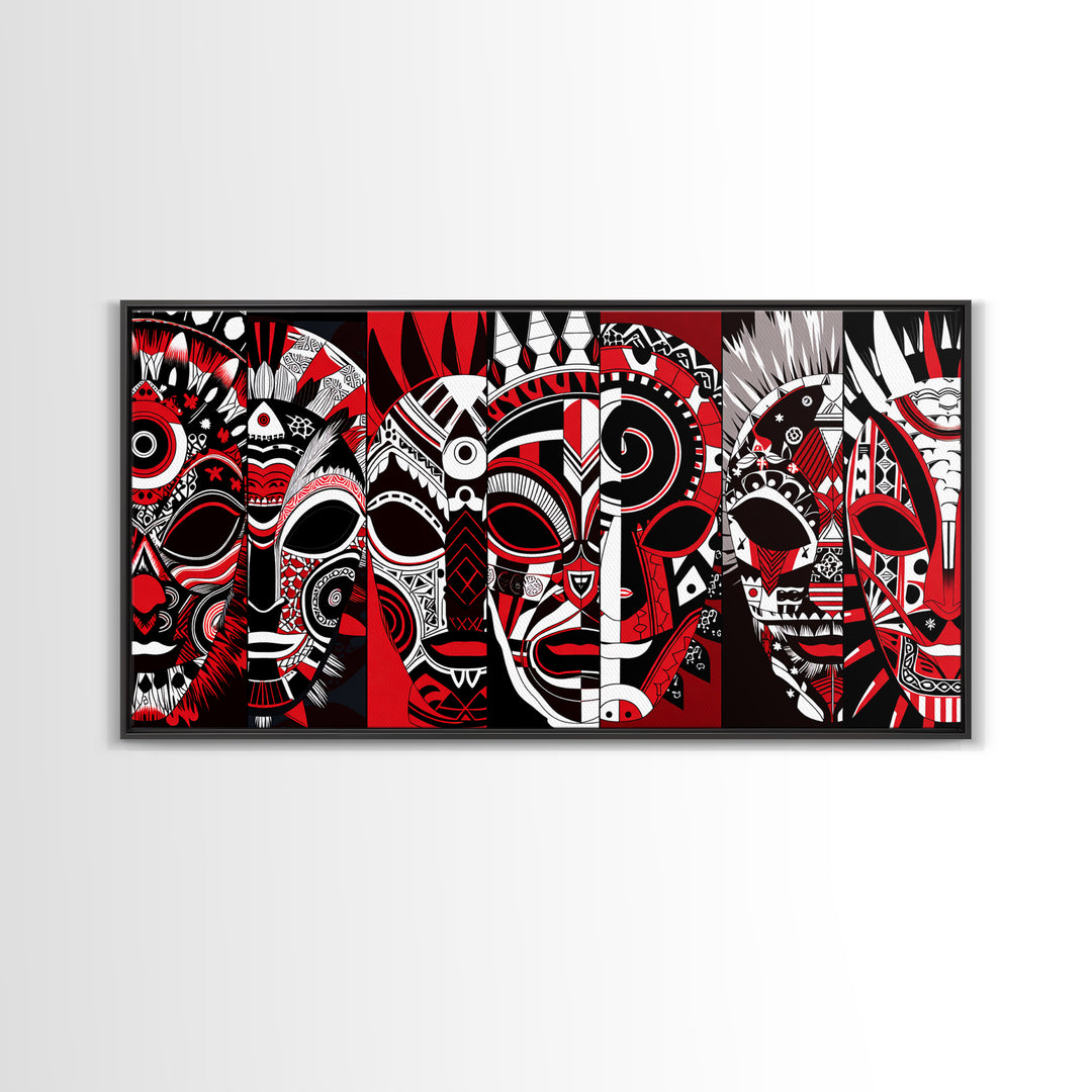 Overlapping Red Tribal Masks In Bold Pattern, African Mask Wall Art, Afrocentric Decor, Contemporary Canvas Print, Home Decor Gift