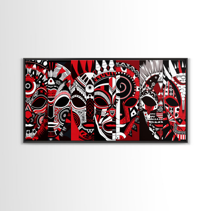 Overlapping Red Tribal Masks In Bold Pattern, African Mask Wall Art, Afrocentric Decor, Contemporary Canvas Print, Home Decor Gift