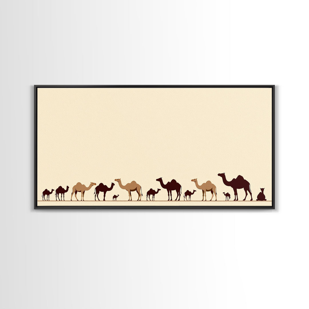 Minimalist Camel Caravan Silhouettes, African Safari Art Canvas Print, Desert Wall Art, Neutral Boho Living Room Decor Gift