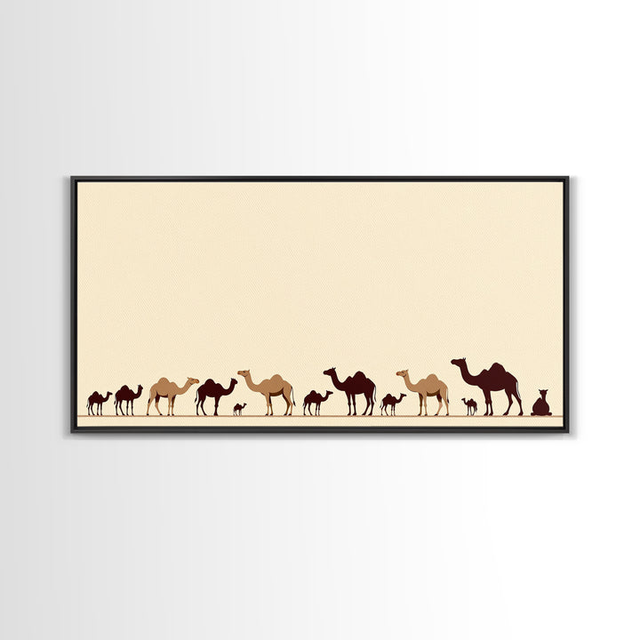 Minimalist Camel Caravan Silhouettes, African Safari Art Canvas Print, Desert Wall Art, Neutral Boho Living Room Decor Gift