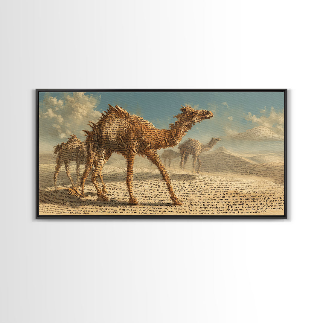 Desert Camel Caravan In Script Texture Canvas Print, African Safari Art, Earth Tone Wall Decor, Boho Living Room Art Gift