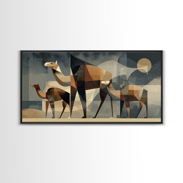 Geometric Camel Family In Desert Framed Canvas Print, Abstract African Art, Modern Safari Wall Decor, Earth Tone Home Decor