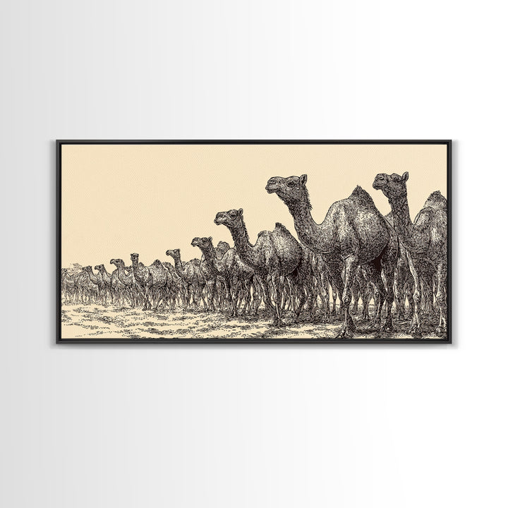 Ink Sketch Camel Herd Across Desert Wall Art, African Safari Art Print, Black And White Tribal Decor, Camel Artwork For Living Room