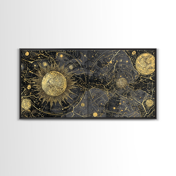 Gold Sun Moon Constellation Map Canvas Print, Celestial African Inspired Wall Art, Black And Gold Spiritual Home Decor Gift