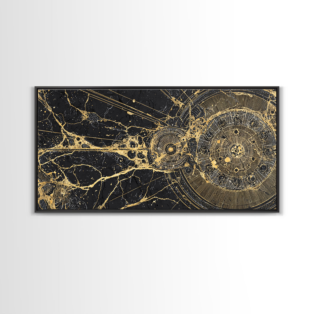 Golden Cosmic Web And Solar Orbit Framed Canvas Print, Abstract Wall Art, Black And Gold Decor, Mystical Astronomy Artwork