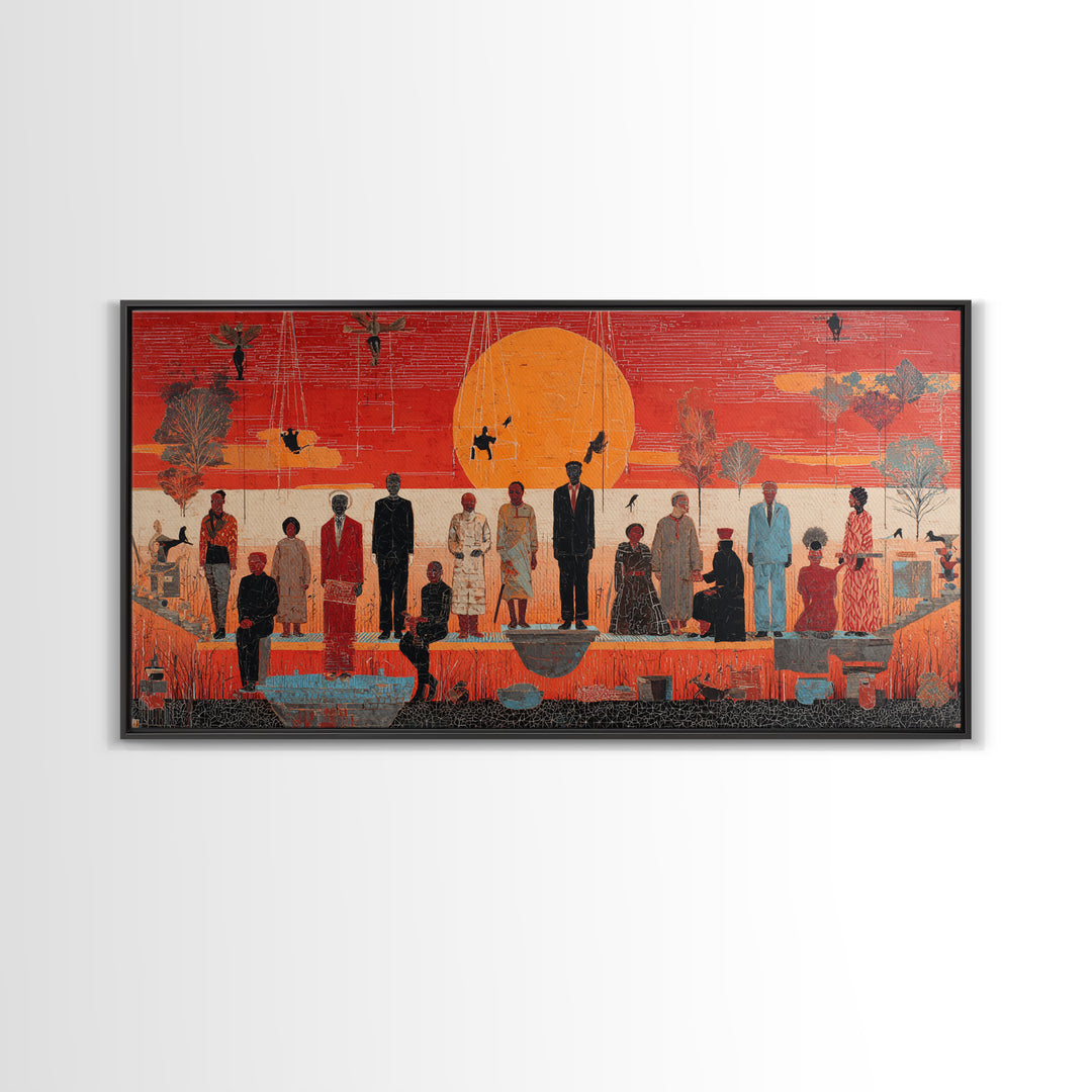 Orange Sunset Gathering With African Figures Wall Art, Black Culture Art, Contemporary Canvas, Statement Living Room Decor