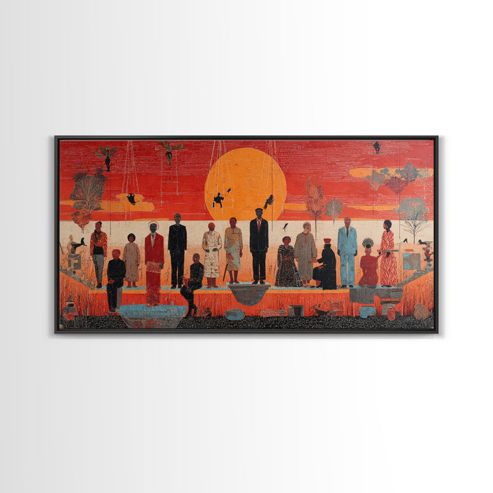 Orange Sunset Gathering With African Figures Wall Art, Black Culture Art, Contemporary Canvas, Statement Living Room Decor