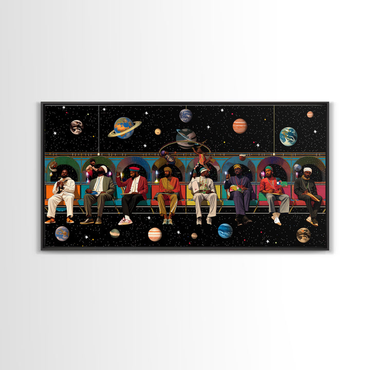 Black Travelers On Cosmic Subway Framed Canvas Print, Afrofuturism Decor, African American Art, Space Wall Decor Gift For Him