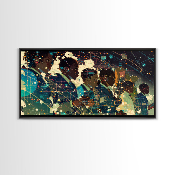 Afrofuturist African Students In Digital Network Canvas Print, Black Girl Art, Modern Black Art, Office Decor, Digital Wall Art