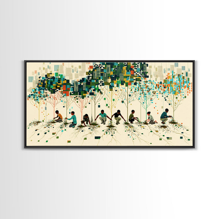Children Planting Digital Forest Wall Art, African Community Tree Artwork, Modern Afrocentric Decor, Eco Living Room Print