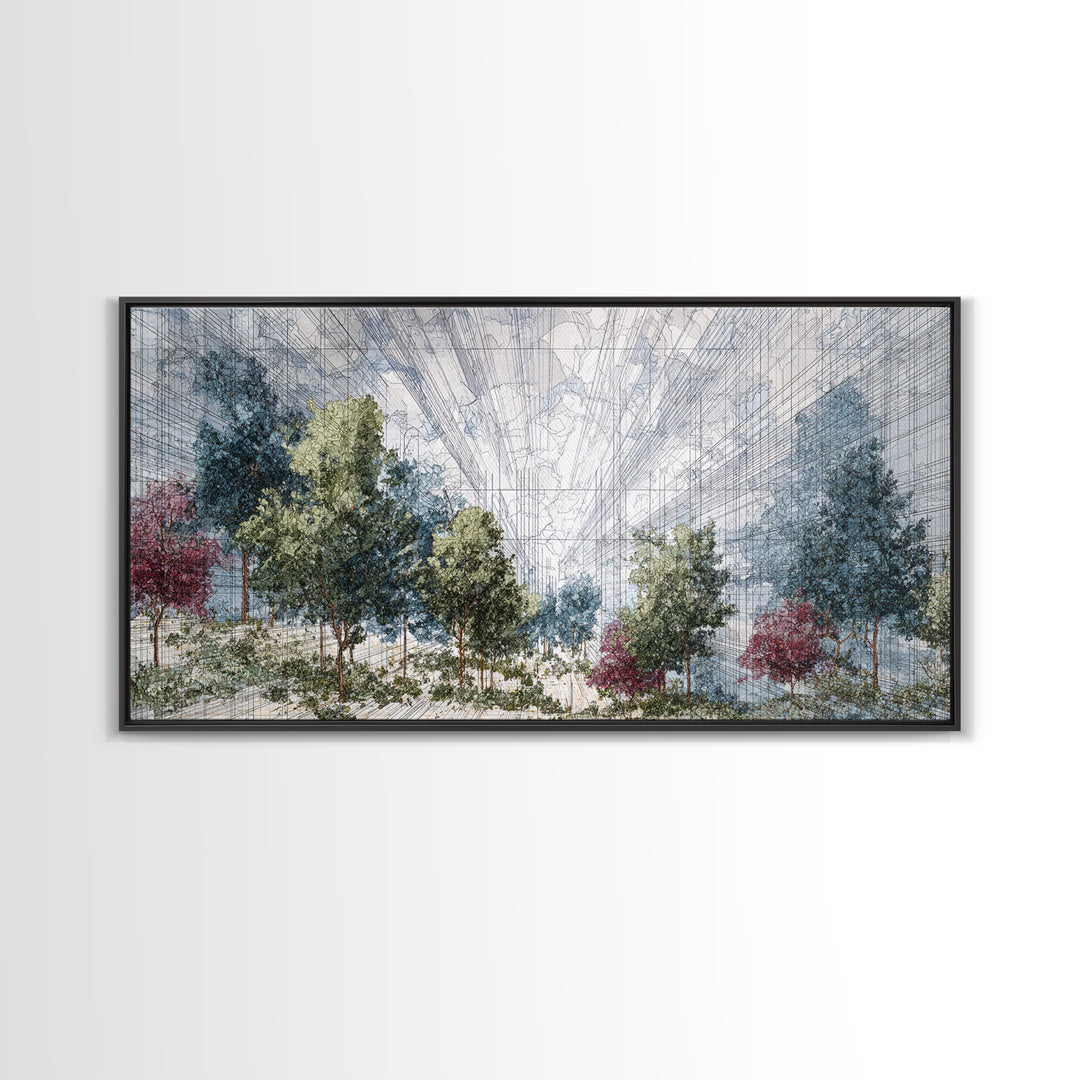 Abstract Urban Forest Canvas Print, Dreamy Nature Scene Art, Modern African Inspired Wall Decor, Blue Green Office Decor