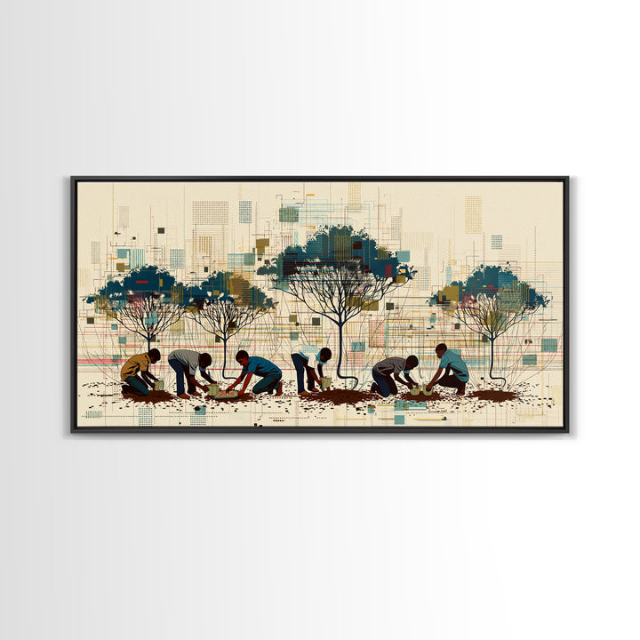 Community Tree Planting Wall Art, African Landscape With Acacia Trees, Modern Afrocentric Print, Cultural Home Decor Gift