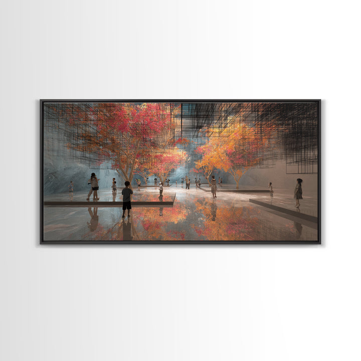 Futuristic Autumn Indoor Park Wall Art, Children In Reflective Gallery, Dreamy Modern Nature Scene, Large Decor Canvas Print
