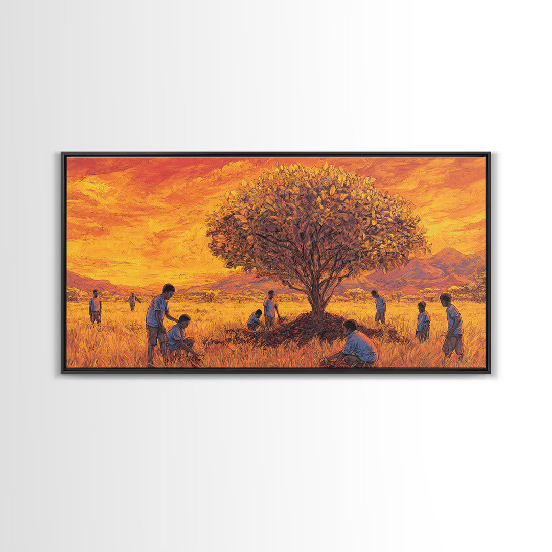 Golden Savanna Tree Framed Canvas Print, African Children Landscape, Sunset Safari Art, Warm Cultural Wall Decor Gift Print