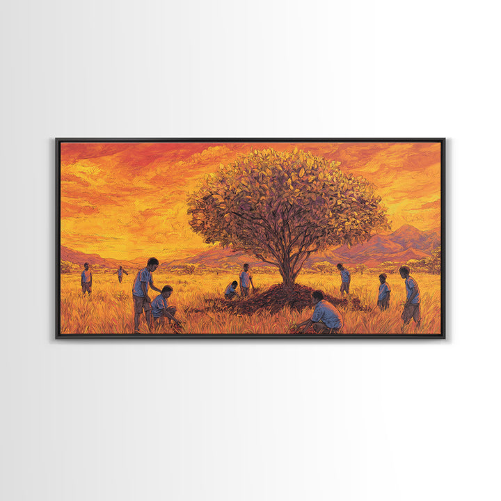 Golden Savanna Tree Framed Canvas Print, African Children Landscape, Sunset Safari Art, Warm Cultural Wall Decor Gift Print