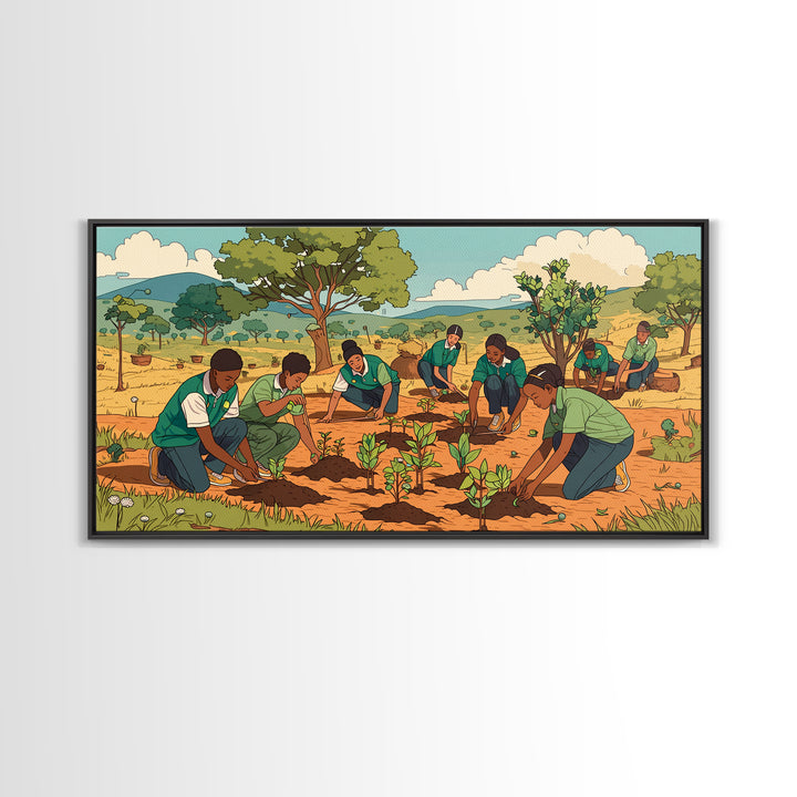 Students Planting Saplings Canvas Print, African Safari Landscape, Youth Garden Artwork, Green Nature Wall Decor Gift For Kids