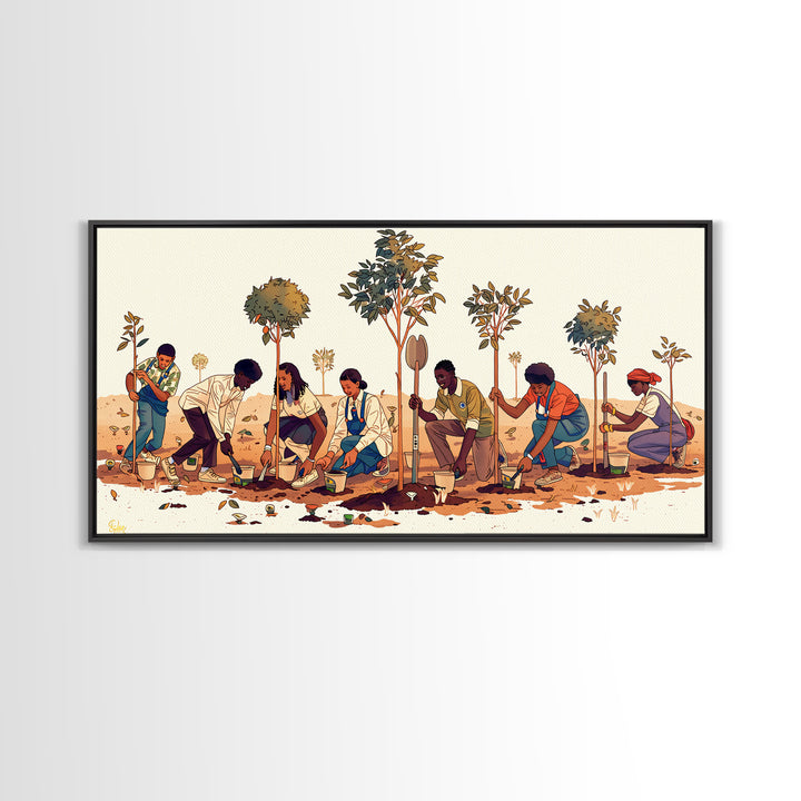Tree Planting Volunteers Wall Art, African Community Garden Scene, Boho Cultural Artwork, Earth Tone Home Decor Print Gift