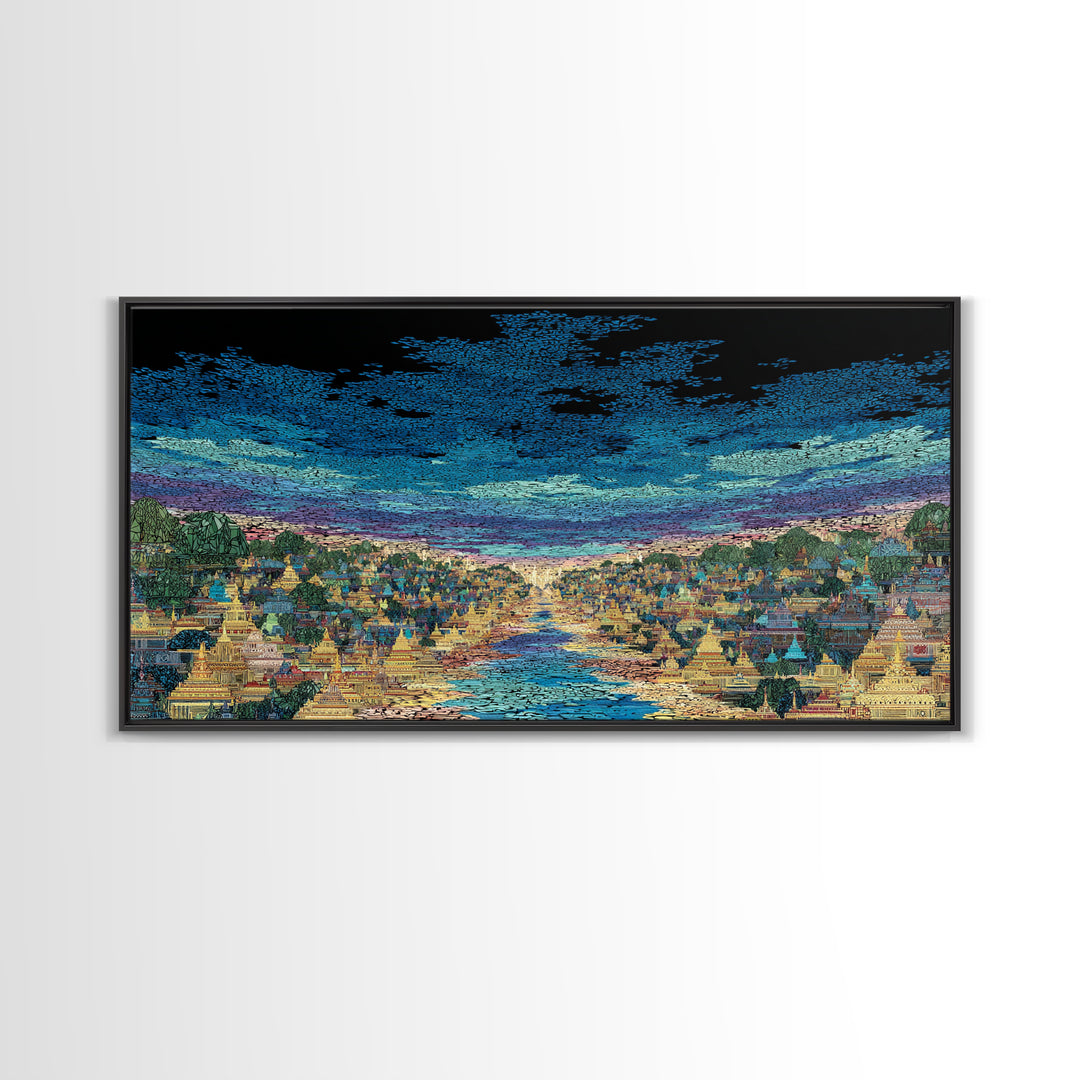 Glowing River City Skyline At Twilight Wall Art, African Inspired Landscape, Luxury Canvas Decor, Living Room Statement Gift