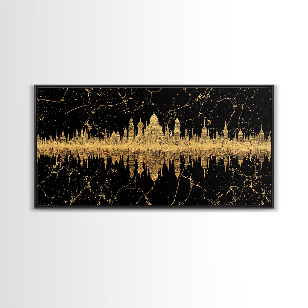 Golden Temple Skyline Reflection Framed Canvas Print, African Inspired Black And Gold Wall Decor, Luxury Statement Art Gift