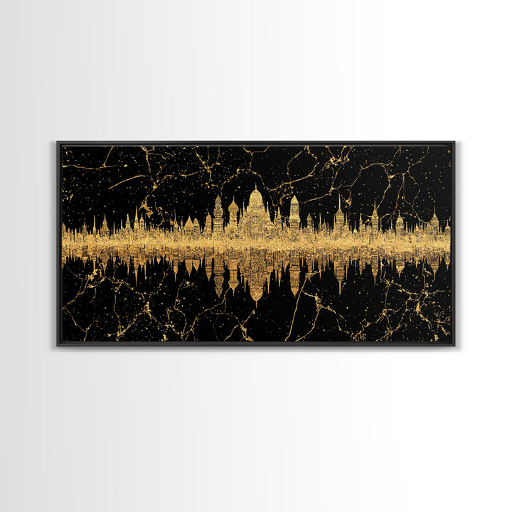Golden Temple Skyline Reflection Framed Canvas Print, African Inspired Black And Gold Wall Decor, Luxury Statement Art Gift