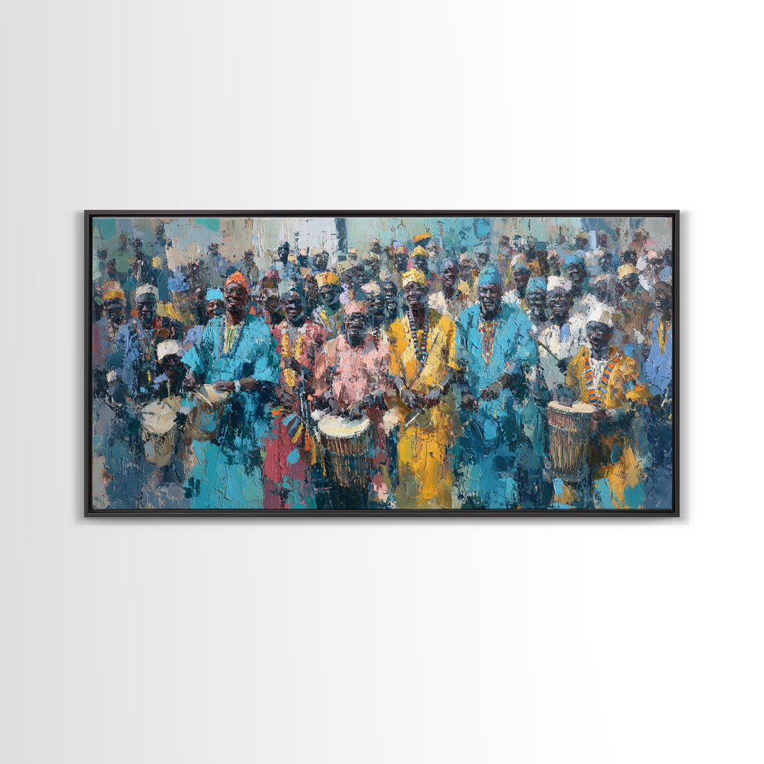 Vibrant African Drumming Procession Framed Canvas Print, Cultural Celebration Wall Decor, Afrocentric Home Decor Gift Art