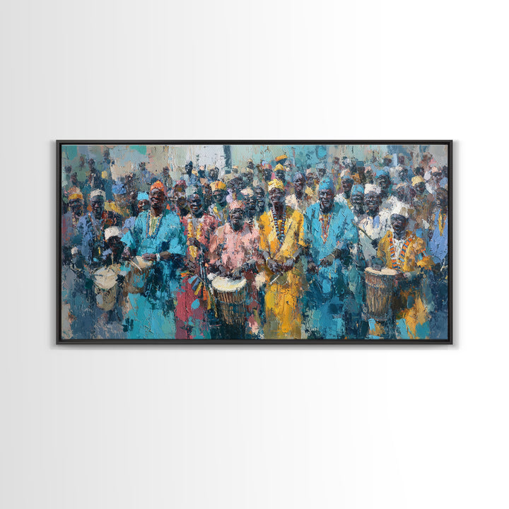 Vibrant African Drumming Procession Framed Canvas Print, Cultural Celebration Wall Decor, Afrocentric Home Decor Gift Art