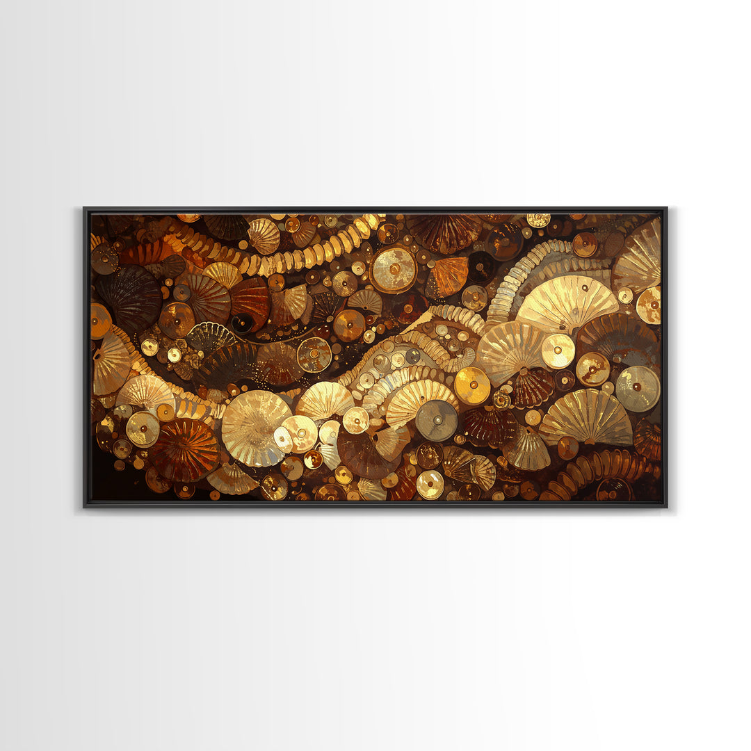 Gold Brown Shell Mosaic Wall Art, Abstract African Patterns, Luxury Art Home Decor, Earth Tone Bohemian Framed Canvas Print