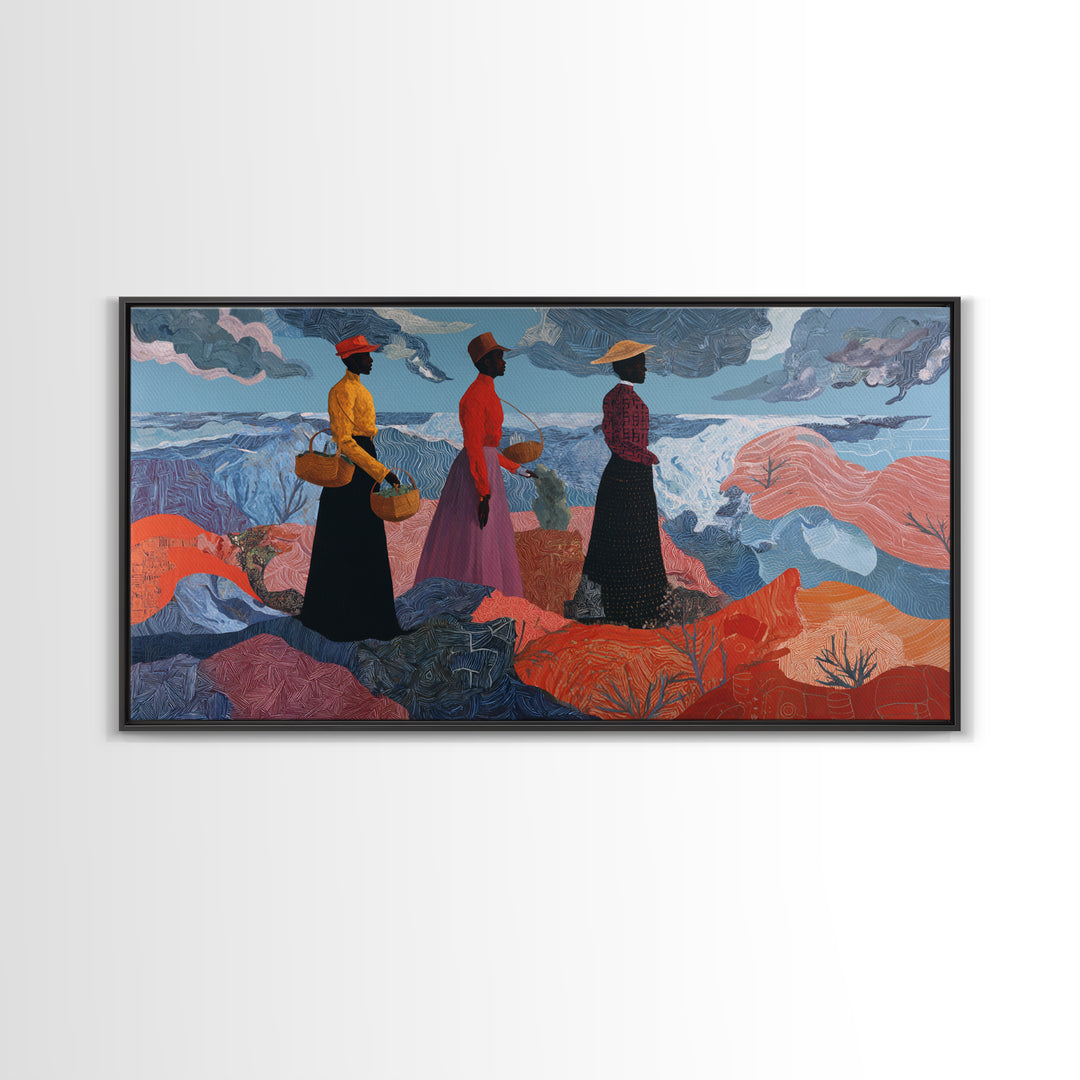 Three African Women By Stormy Sea Wall Art, Coastal Figurative Painting, Afrocentric Decor, Black Culture Art Print, Home Decor