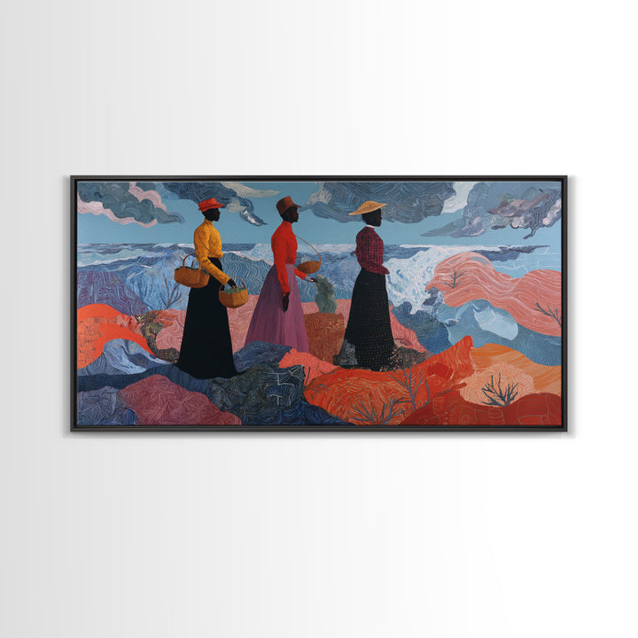 Three African Women By Stormy Sea Wall Art, Coastal Figurative Painting, Afrocentric Decor, Black Culture Art Print, Home Decor