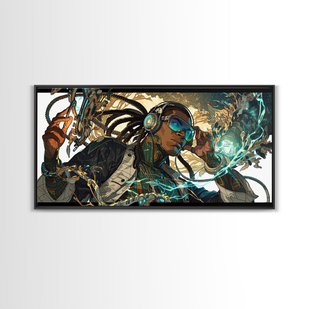 Afrofuturist Black Woman With Headphones Framed Canvas Print, Sci Fi Portrait, Afrocentric Wall Art, Digital Art Decor Gift