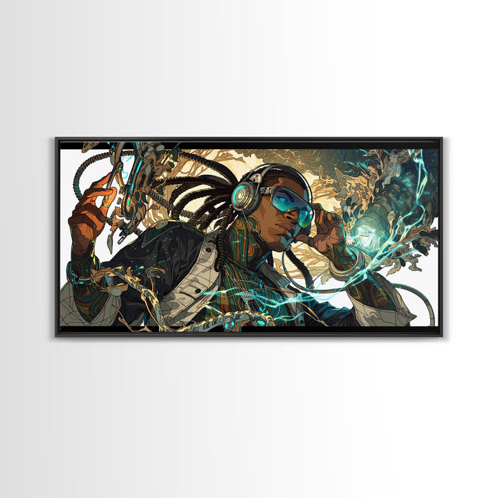 Afrofuturist Black Woman With Headphones Framed Canvas Print, Sci Fi Portrait, Afrocentric Wall Art, Digital Art Decor Gift