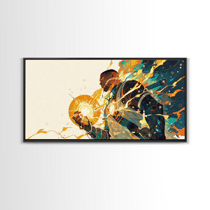 Black Futuristic Warrior Holding Sun Canvas Print, Afrofuturism Decor, Modern African Art, Teal Orange Wall Art Gift For Him