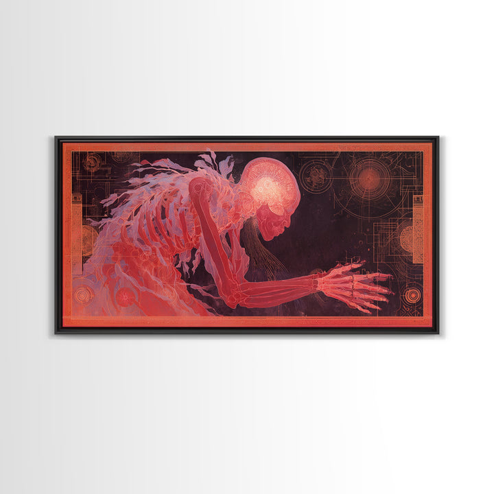 Pink Cybernetic Spirit Skeleton Framed Canvas Print, Futuristic Sci Fi Anatomy Wall Art, Mystical Afrocentric Decor Gift