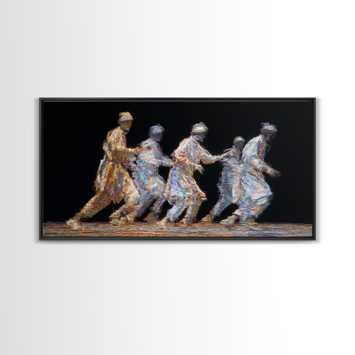 Five Glowing Figures Running On Black Canvas Print, Abstract Motion Wall Art, African Diaspora Art, Modern Home Decor Gift