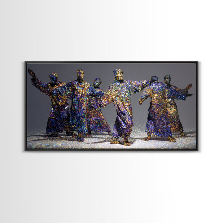 Shimmering Abstract African Figures Dancing Framed Canvas Print, Gold Black Art, Contemporary Afrocentric Wall Decor, Luxury Canvas Art