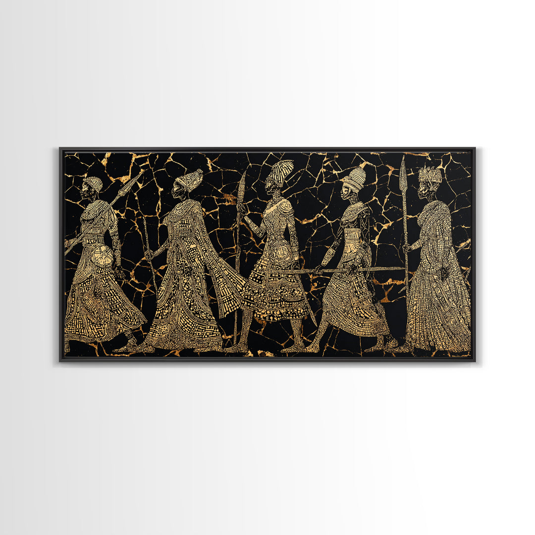Gold Tribal Women Procession On Black Wall Art, African Patterns, Elegant Cultural Decor, Boho African Canvas Print For Bedroom