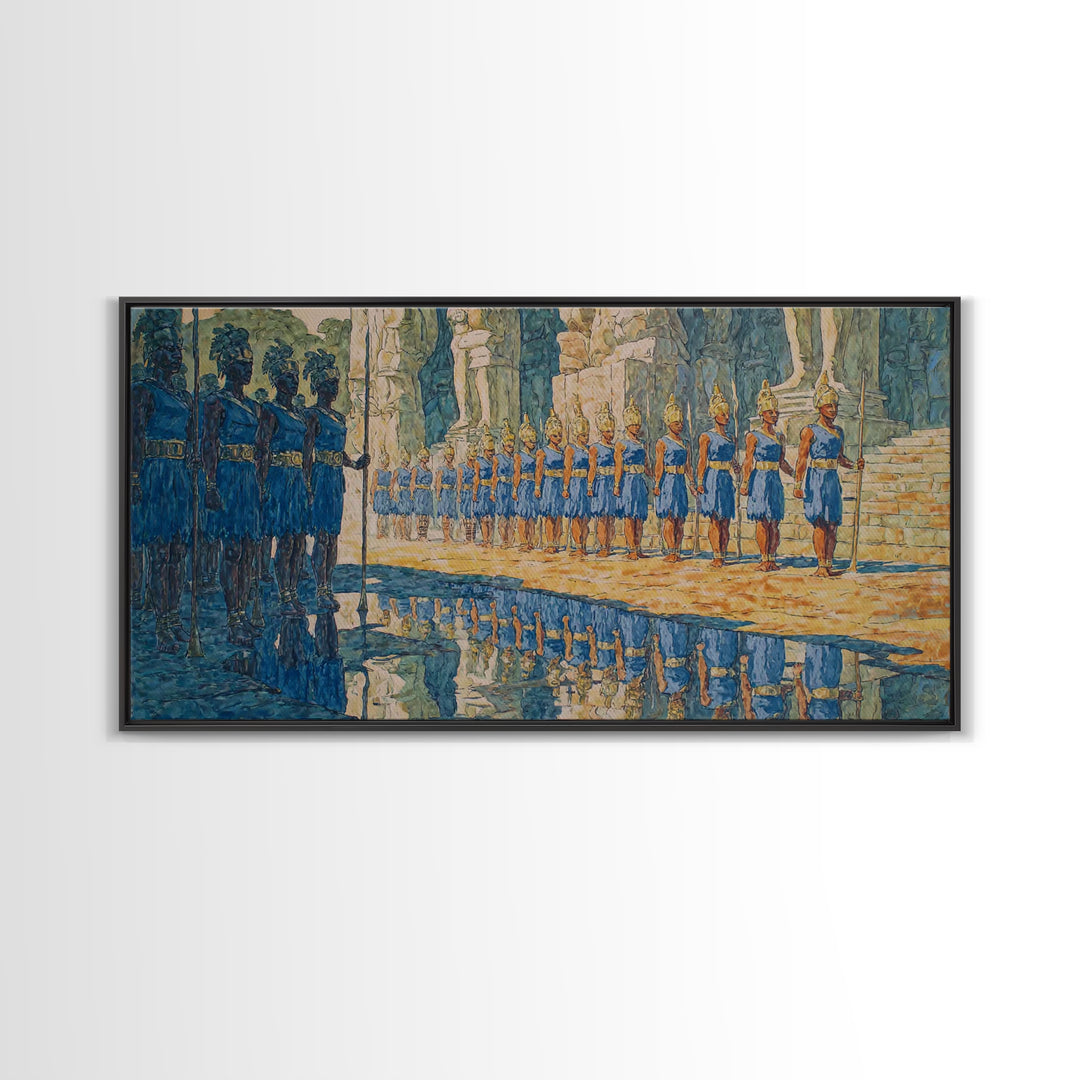 Blue Palace Guard Procession Canvas Print, African Warrior Art, Royal Cultural Wall Decor, Statement Living Room Artwork